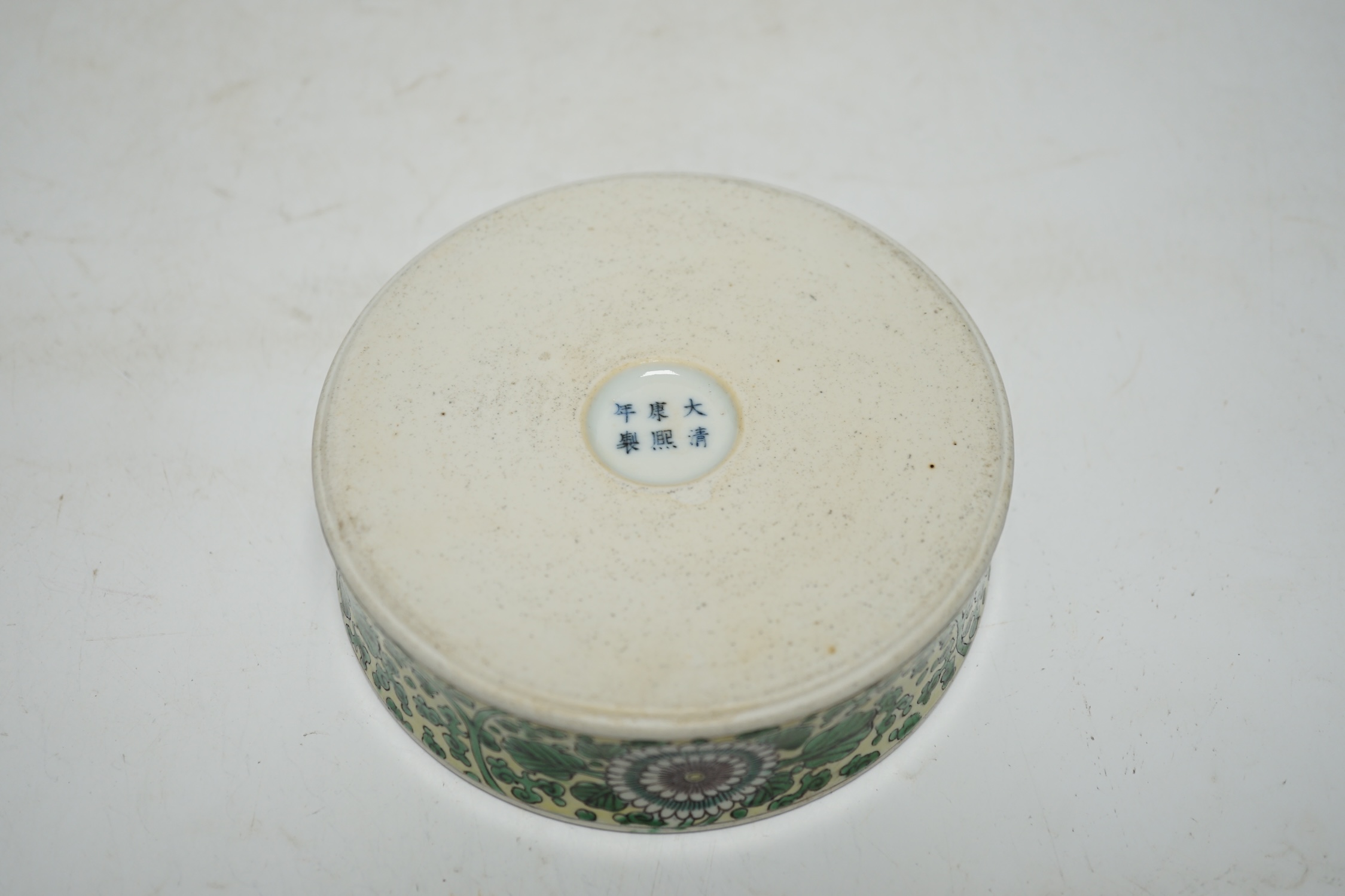 A Chinese famille verte yellow glazed brush washer, Kangxi mark, 19th century, 12.5cm. Condition - good